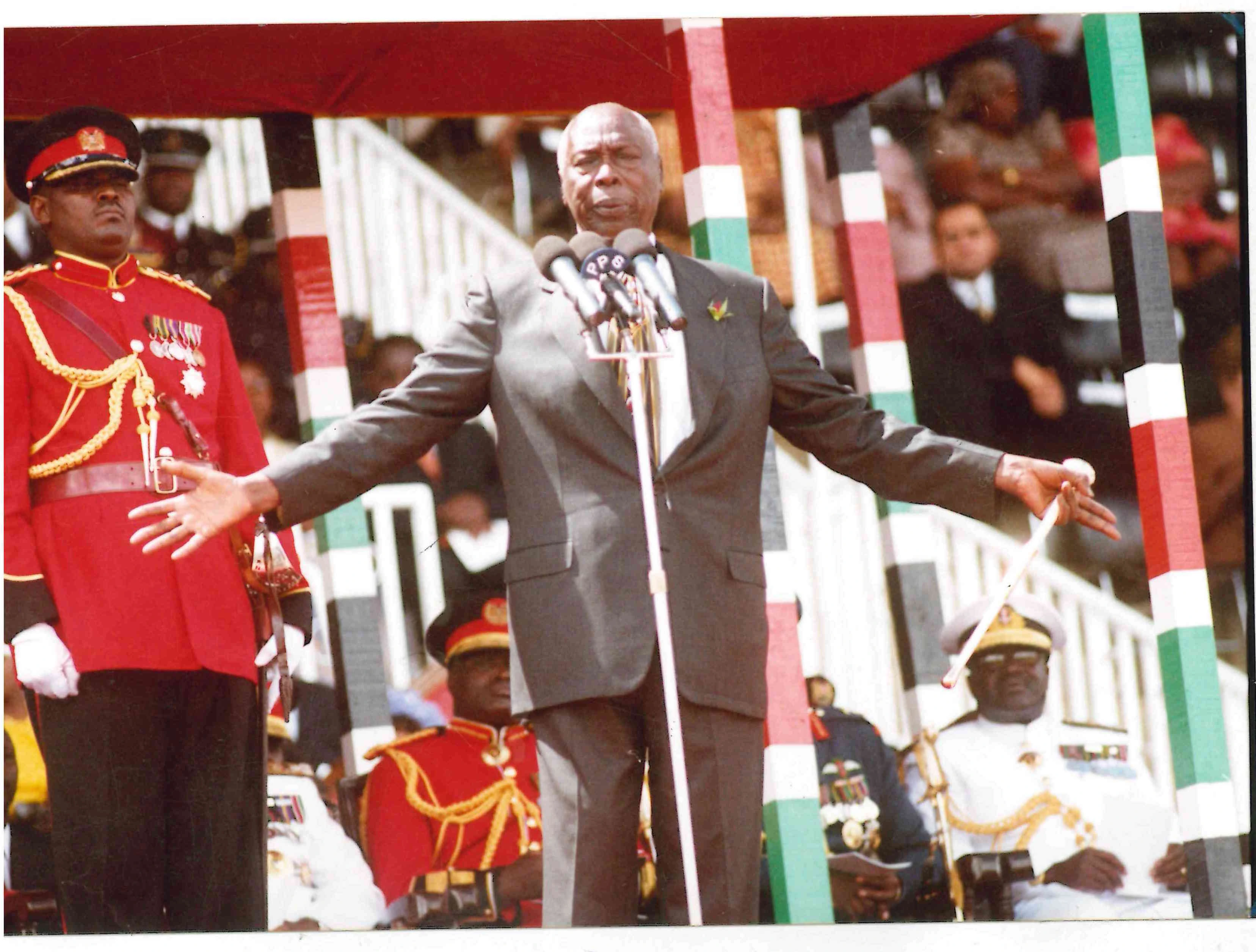 President Daniel Arap Moi addressing his last Jamhuri Day as President of the Republic of Kenya at Nyayo Stadium before retirement