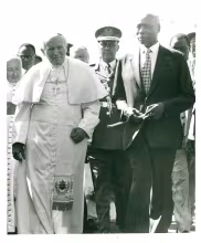 President Daniel Arap Moi walking alongside Pope John Paul II during the Papal visit to Kenya