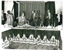 President Daniel Arap Moi hosting British Prime Minister Margaret Thatcher toasting during a banquet at State House Nairobi